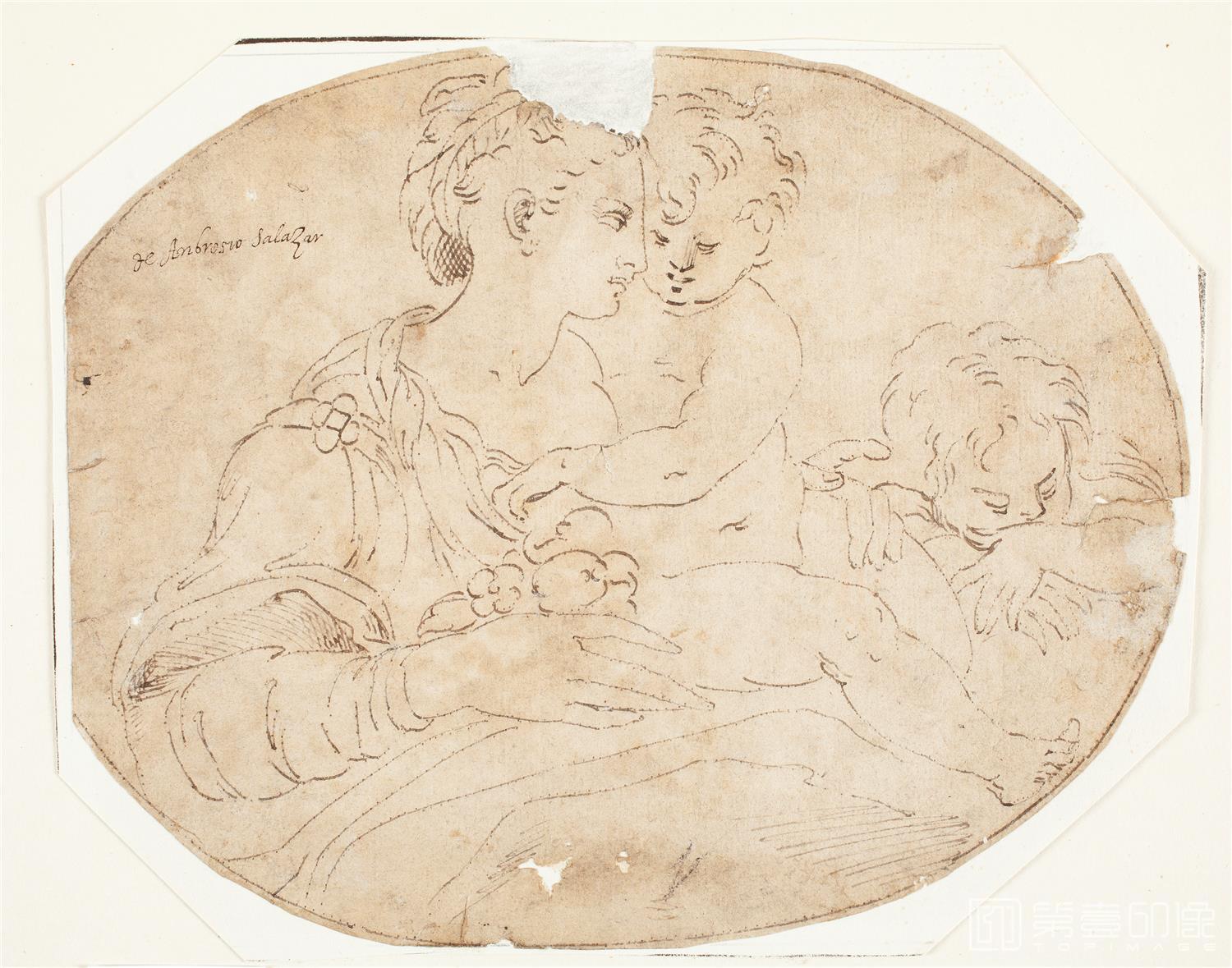 素描-西班牙普拉多美术馆素描藏画-Anonimo-La Virgen con el Nino y San Juanito-0354